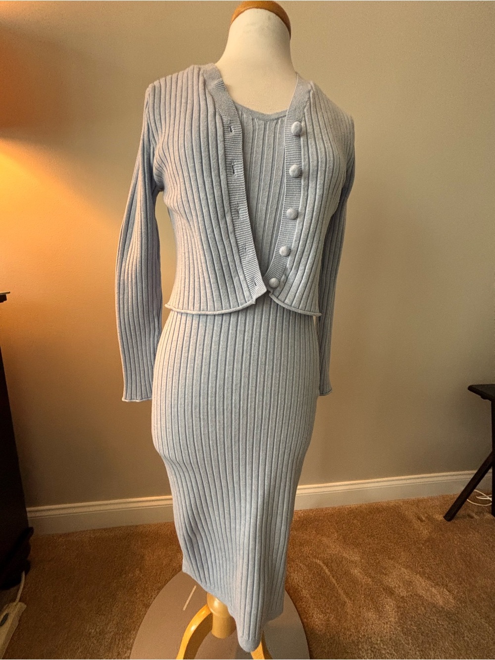 7 For All Mankind Light Blue Ribbed Knit Set — Sleeveless Dress & Cardigan